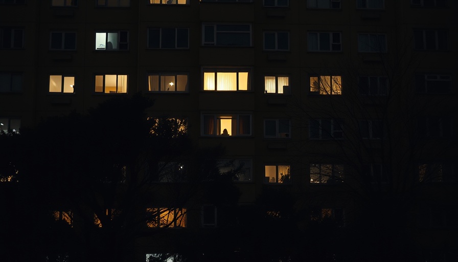 Dimly lit apartment building at night, representing rental challenges.