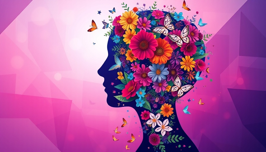 Abstract art showing social media impact on mental health with icons and flowers