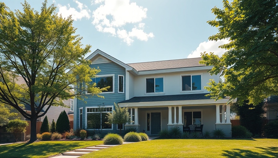 Modern suburban house under blue sky on a sunny day.