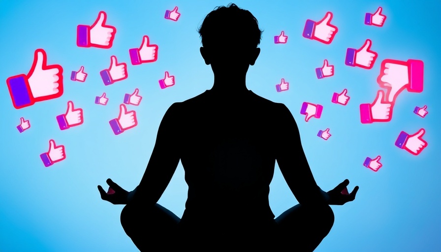 Digital silhouette meditating amid social media likes and dislikes.