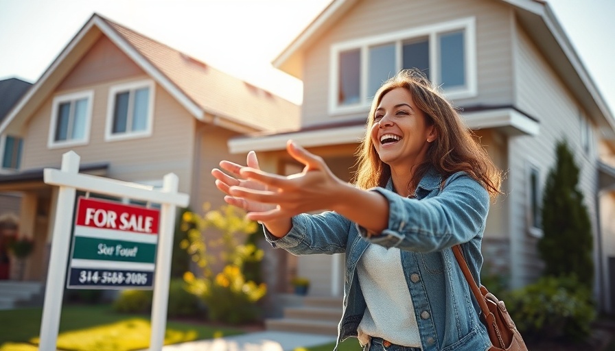 Joyful woman showing house for sale on a sunny day - good time to buy a house.