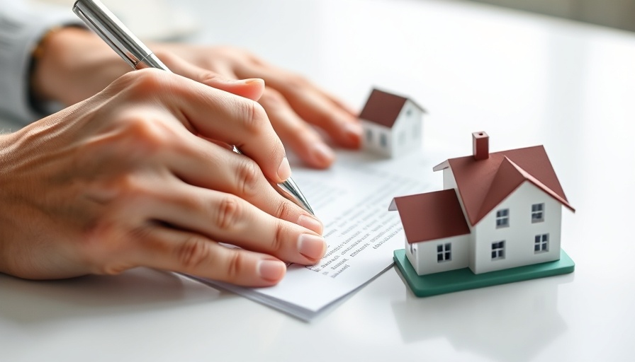 Close-up of person signing lease near house model, cosigner for apartment.