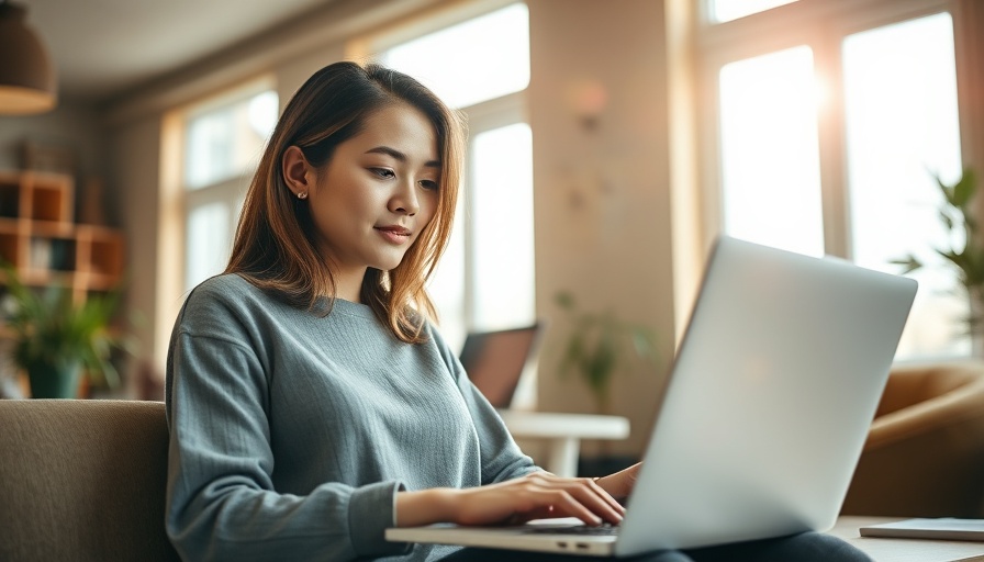 Young woman using laptop in sunny room, relaxed workspace, cozy setting.