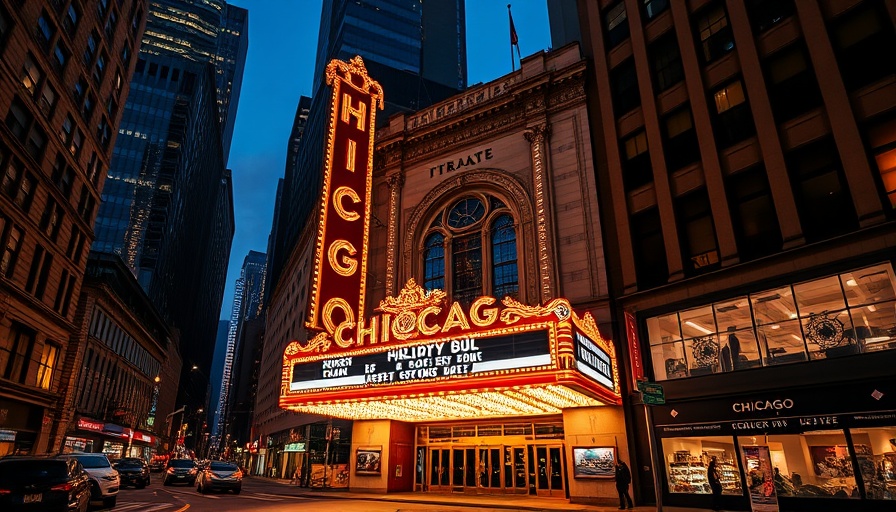 Iconic Chicago theater at night with bright lights in cityscape.