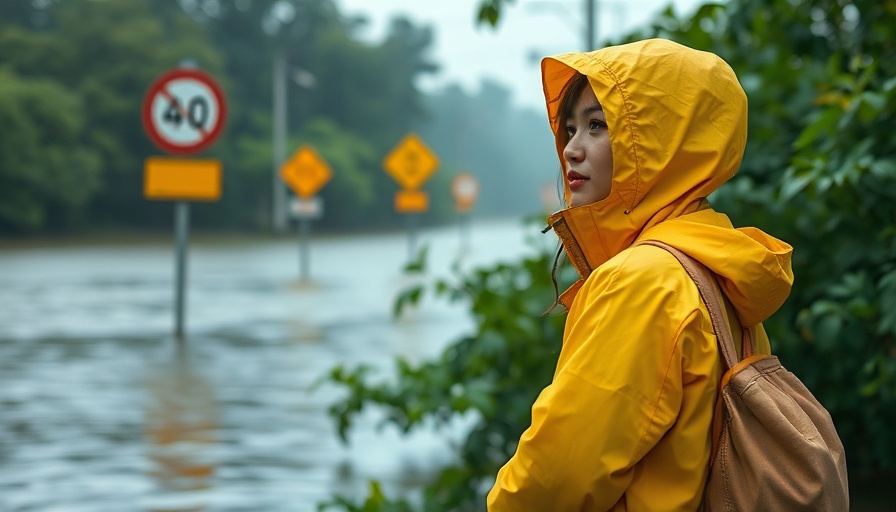 Woman in raincoat observing flooded area in Kentucky for support resources.