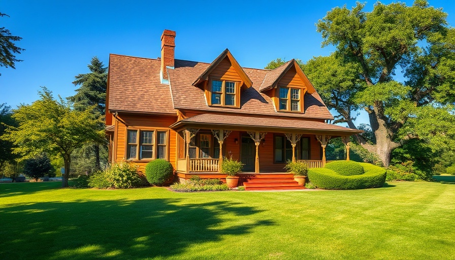 Traditional house with landscaped lawn under a clear blue sky.