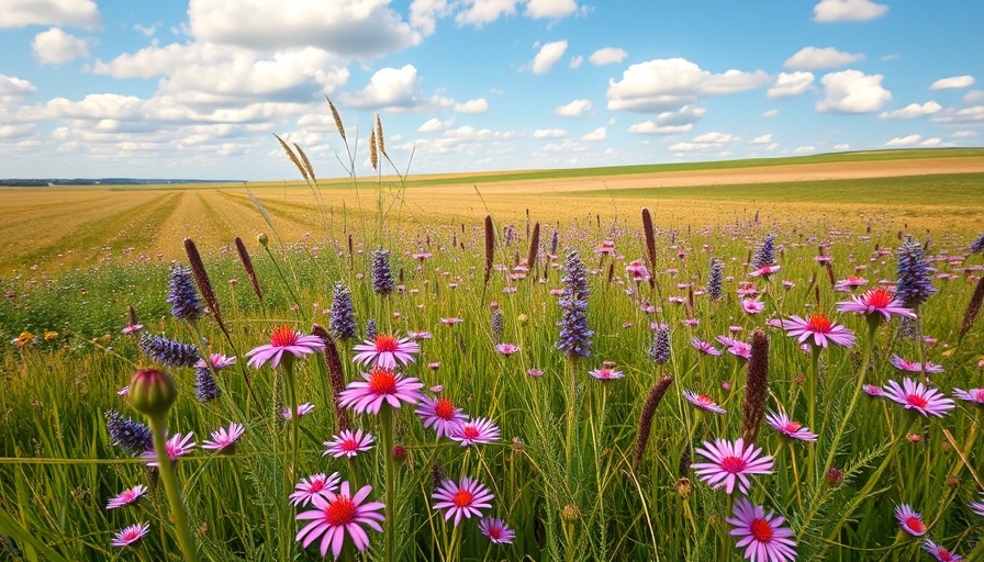 Vibrant wildflowers in a serene Illinois meadow at sunset.