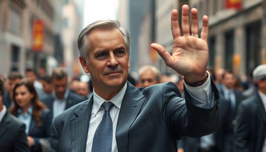 Mature man raising hand in urban setting, soft lighting.