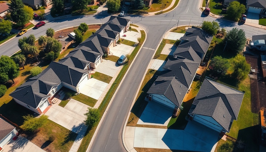 Aerial view of suburban houses on a sunny day.