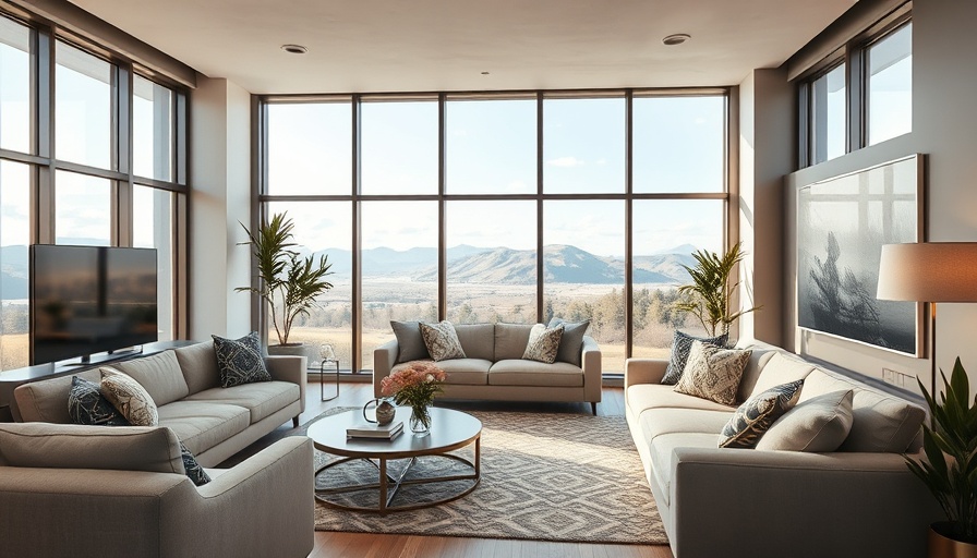 Modern cozy living room with large windows and natural lighting