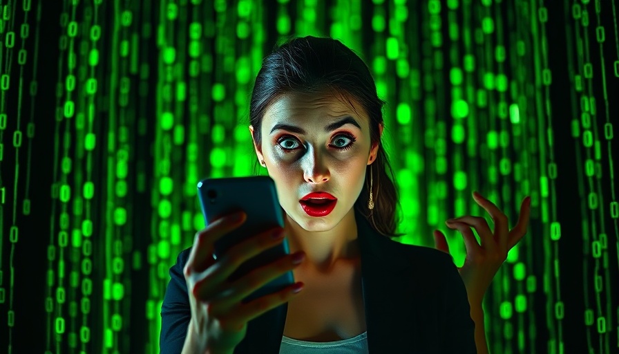 Concerned woman with phone, binary code background illustrating mobile phone privacy risks.