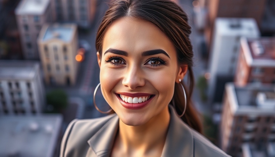 Real estate client support portrait with cityscape background.