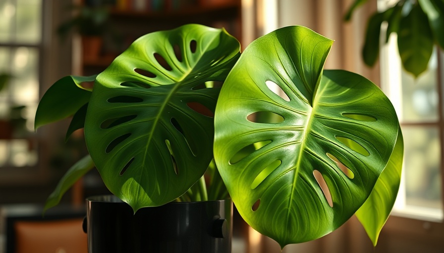 Vibrant monstera plant in sunlight on a table, tropical house plants.