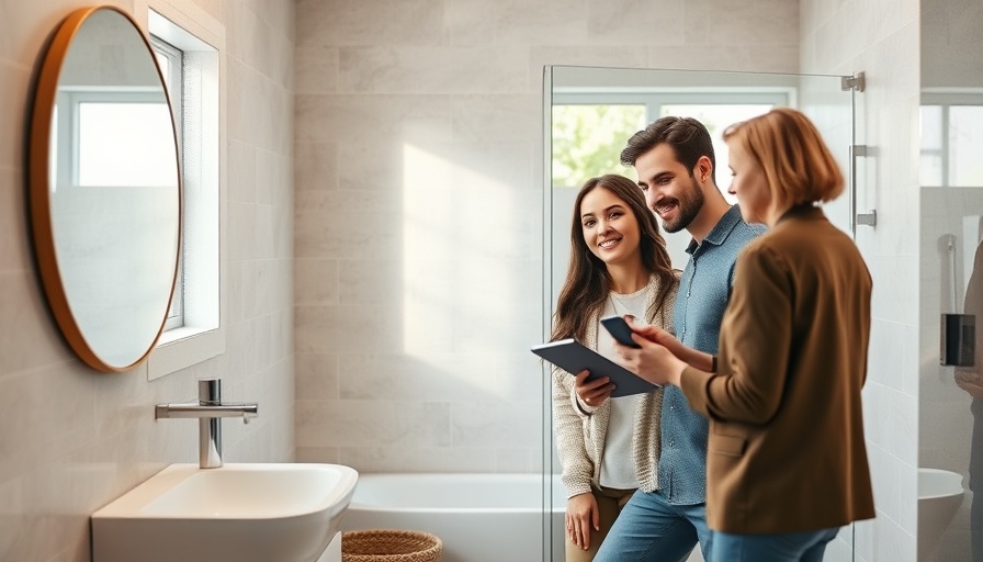 Real estate agent showing spec house bathroom to young couple.
