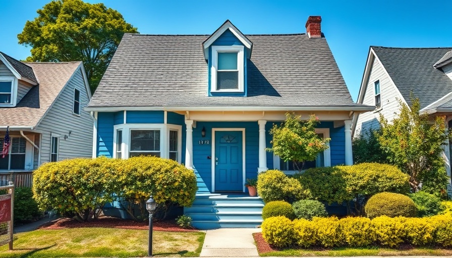 Charming blue rent-to-own home with vibrant facade and lush yard.