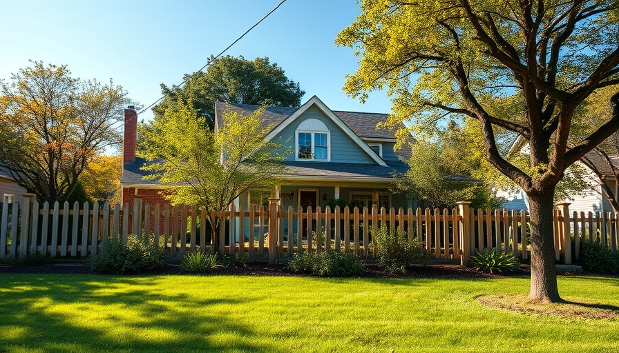 Suburban house with wooden fence and lawn, daylight setting