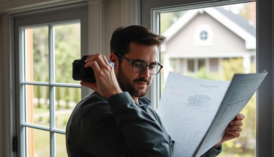 Man photographing house for home appraisal tips, holding blueprints.