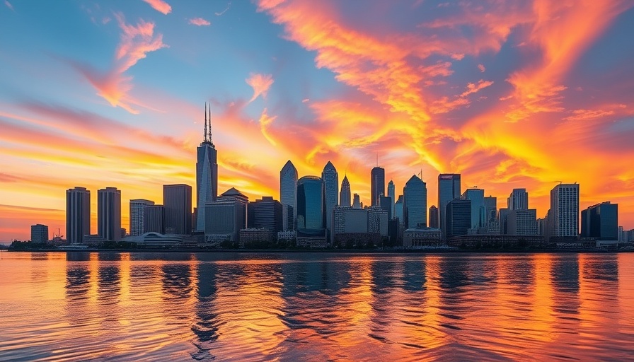 Detroit skyline reflecting at sunset, highlighting housing market listings.