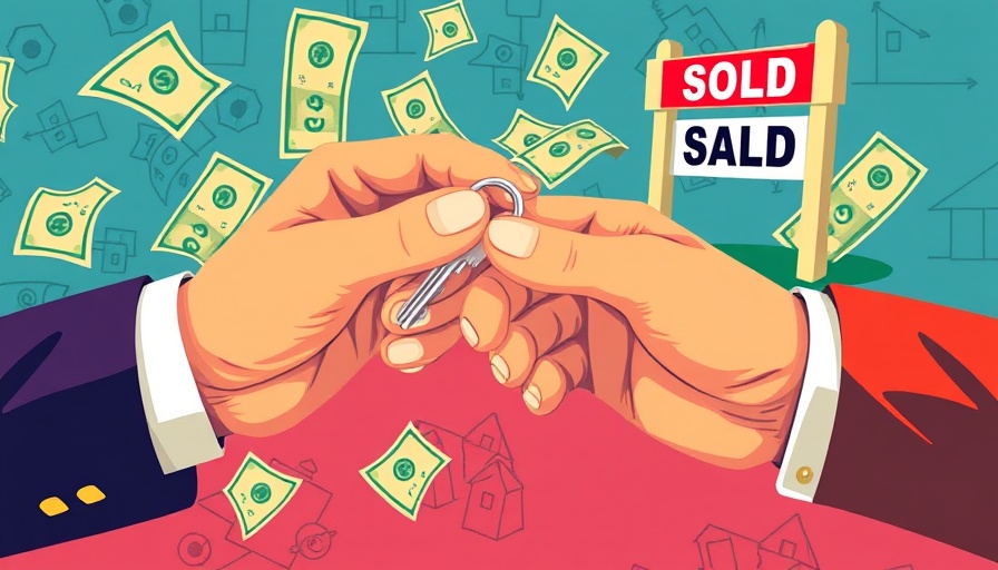Hands exchanging house key with dollar bills and sold sign, buyers market real estate.