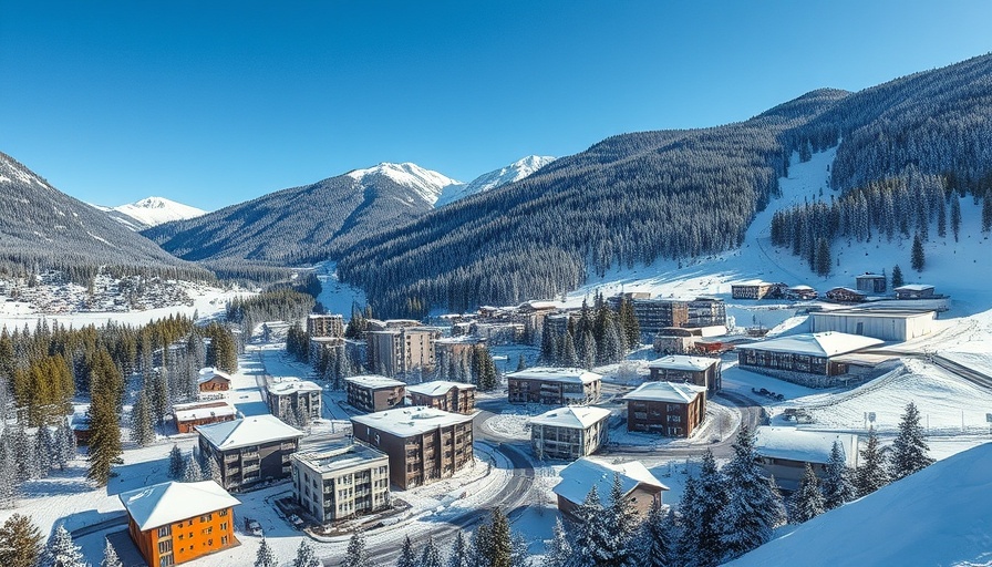 Snow-covered town with ski slopes and modern vacation homes.