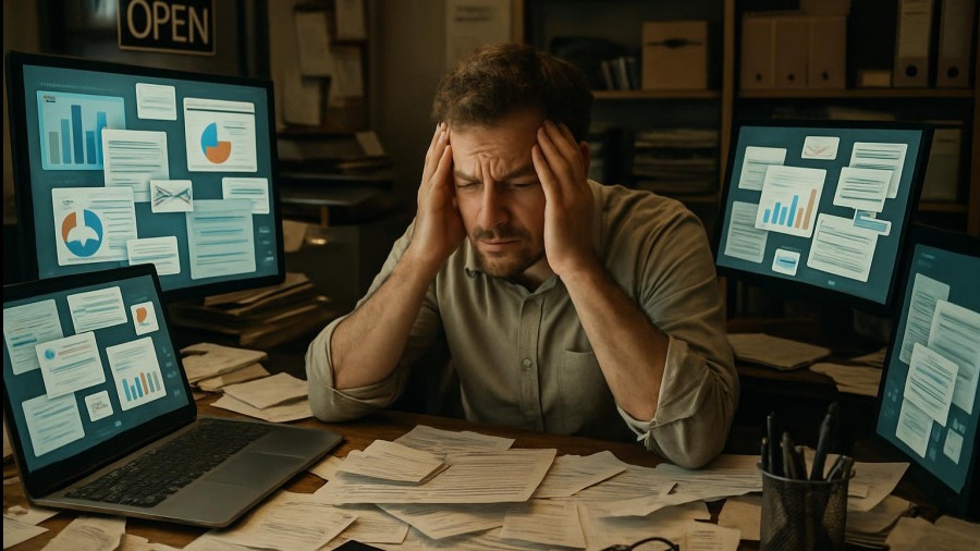 Overwhelmed small business owner in cluttered office facing content overload.