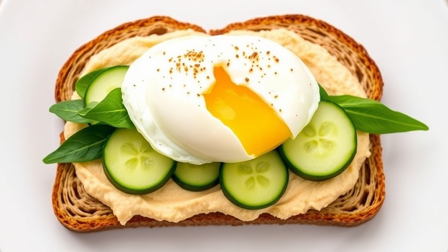 Nutritious breakfast options with whole grain bread, hummus, spinach, cucumber, and poached egg.