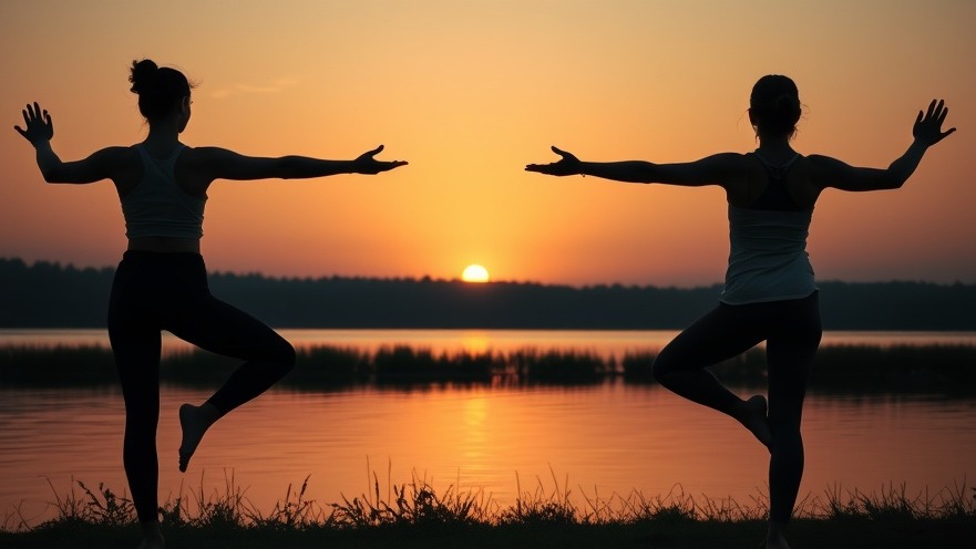 Two women practicing yoga at a lakeside spa retreat during a serene sunset.