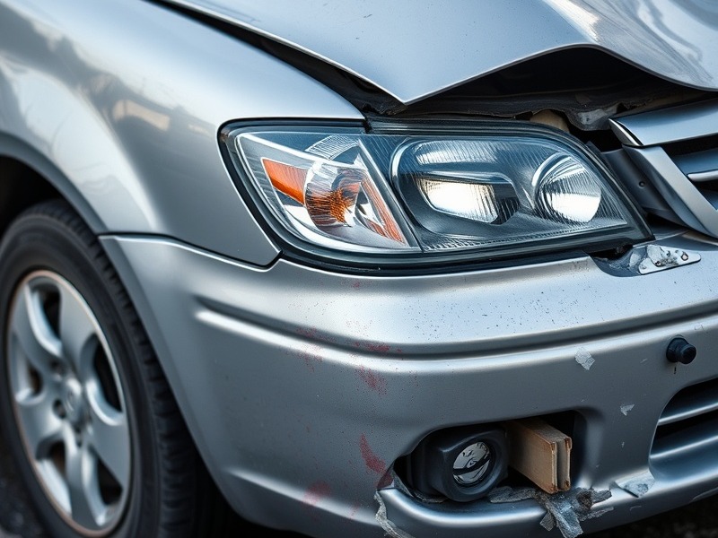 Minor car collision damage visible on vehicle's bumper and fender.