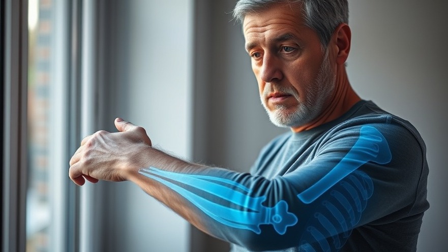 Concerned middle-aged individual examines forearm, reflecting on sarcopenia and osteoporosis connection.