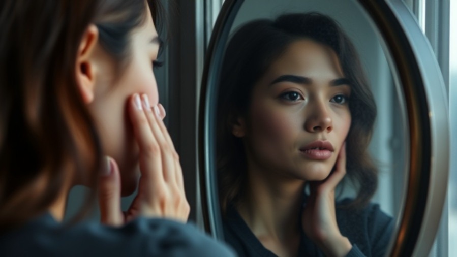 Woman in soft morning light touching her reflection, embodying self-acceptance.