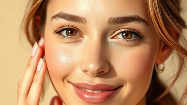 Confident woman showcasing healthy skin, emphasizing collagen production and hydration.