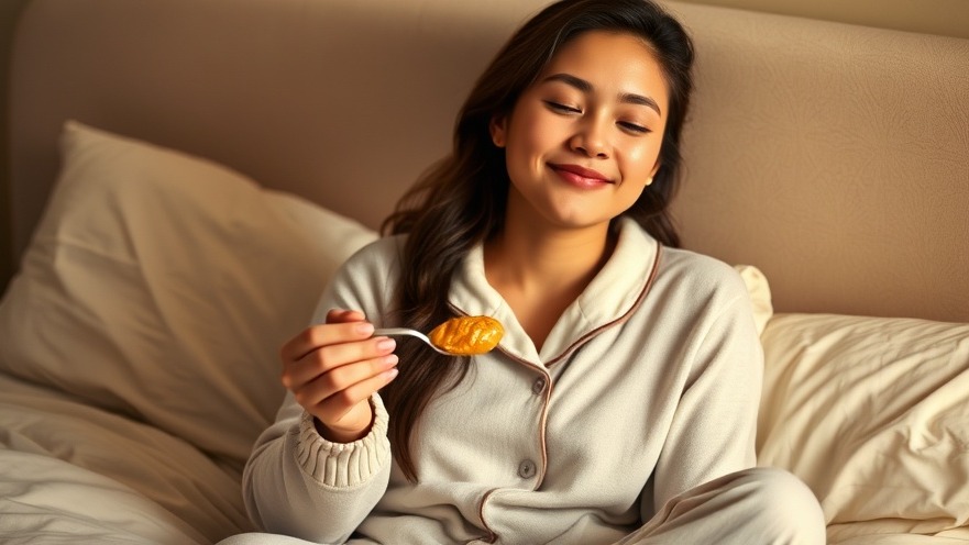 Peaceful woman in cozy pajamas enjoying peanut butter, promoting sleep quality.