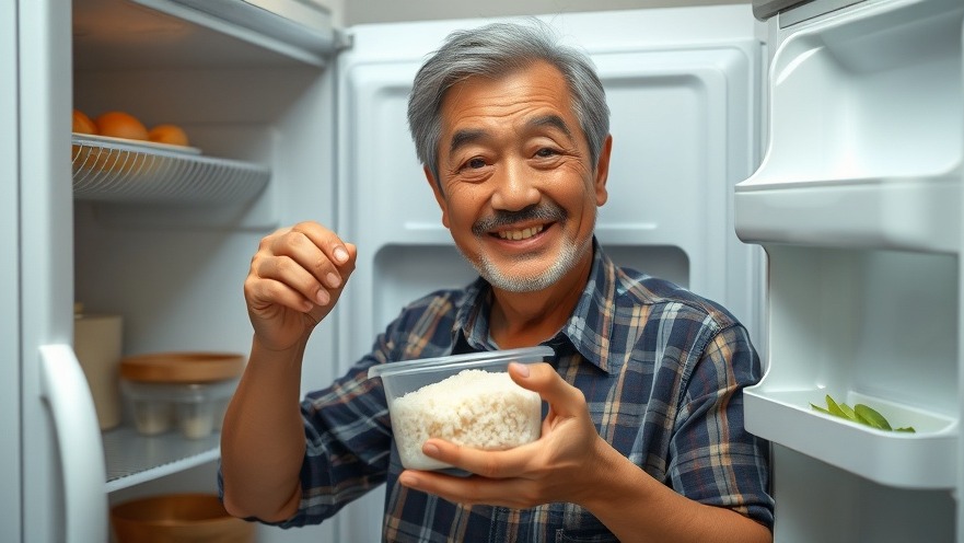 Middle-aged man smiling, showing healthy cooking secrets with rice for blood sugar management.
