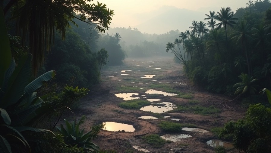 Lush jungle edge showing habitat loss; still pools hint at mosquito-borne disease risks.