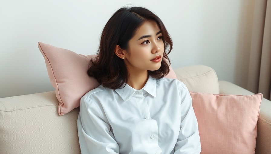 Thoughtful young woman with sensitive skin contemplating on sofa.