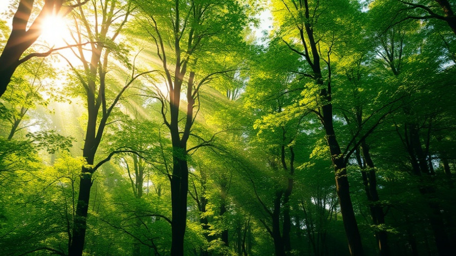 Sunlight through trees, embracing silence for inner peace, serene forest.