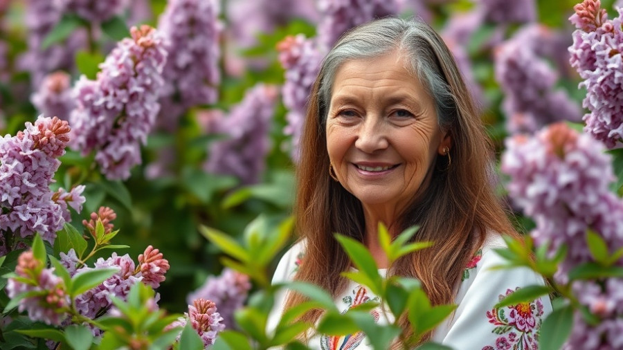 Smiling woman in garden, a tranquil setting, Herbal Tonics for Stress and Anxiety.