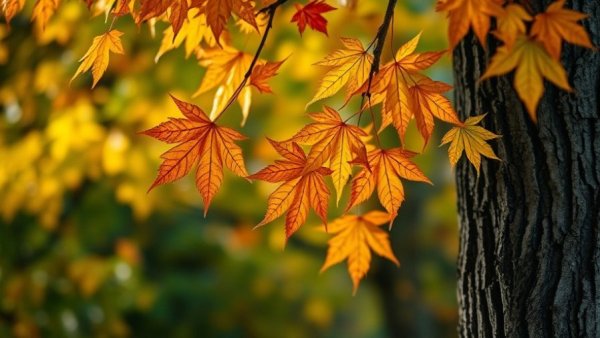 Autumn leaves in the wind near a tree trunk.