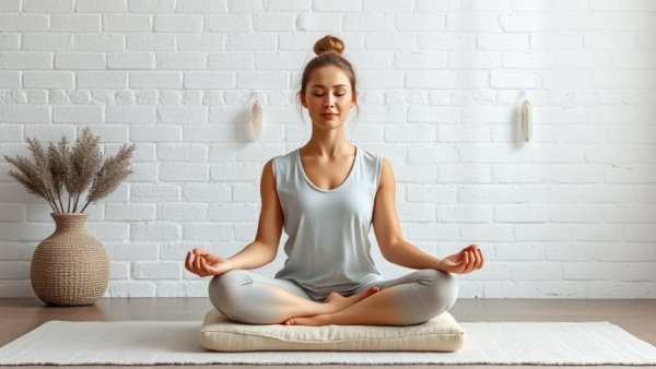 Woman practicing mantra meditation for stress relief, serene setting.