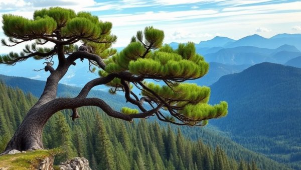 Majestic curved tree overlooking a lush forest, appreciate others like trees.