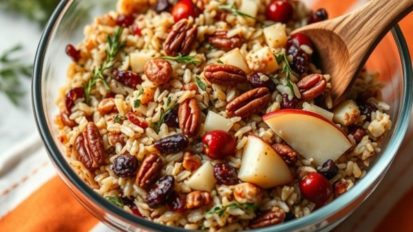 Wild rice salad with pecans, cranberries, apple in glass bowl.