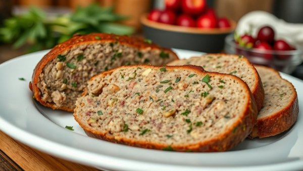 Freshly sliced vegetarian meatloaf with cranberries in the background