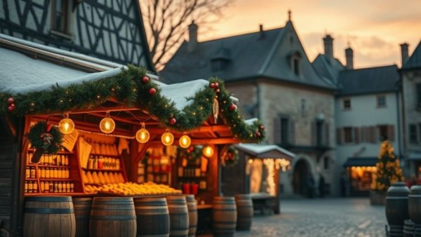 Charming festive stall at Winchester Christmas Market 2025 under twilight sky.