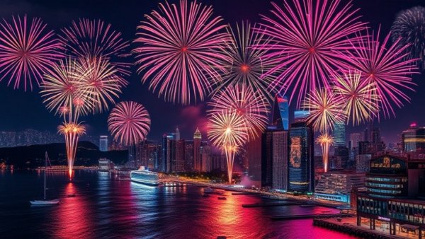 Fireworks over a city skyline for New Year's Eve traditions around the world.