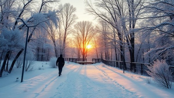 Winter Wellness and Rest: serene snowy path walk amidst frosty trees.