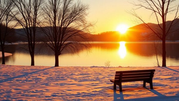 Midwinter Reflection: Tranquil snowy lakeside scene at sunset.