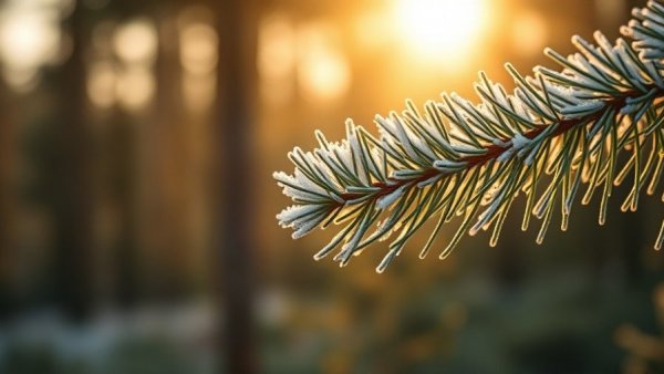 Frosty pine branch in golden morning light embodies the Healing Power of Silence.