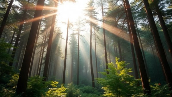 Serene forest with sunbeams, embracing life's fleeting moments.