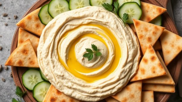 Homemade hummus recipe: creamy hummus with pita and cucumber.