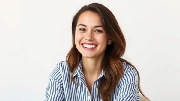 Smiling woman in striped shirt, crystal consciousness concept.